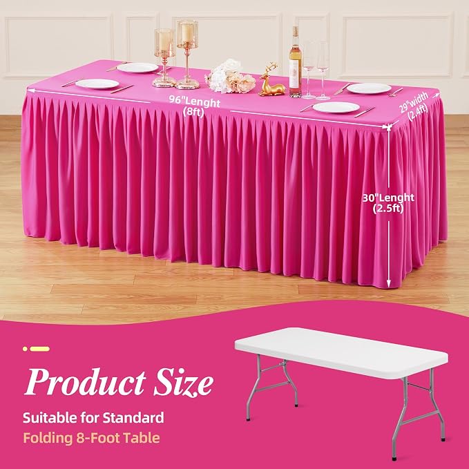 PARTISKY 6 Pack Hot Pink Tablecloths for Rectangle Tables 8ft, Wrinkle Resistant Spandex Table Cover Fitted Stretch Table Cloth with Pleated Ruffle Skirts for Party Banquet Dining Birthday Wedding