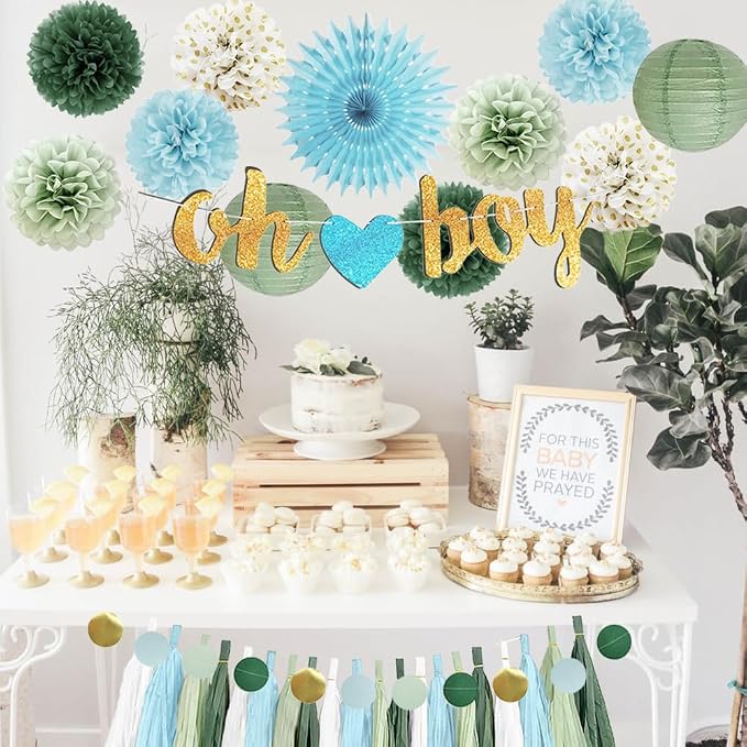 Sage Green and Blue Baby Shower Decorations Oh Boy Banner Sage Green Dusty Blue Tissue Paper Pom Poms Lanterns Paper Tassels Garland for Baby Boys Shower Party Decor