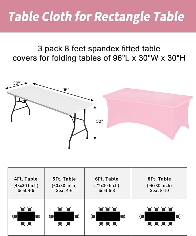 Fixwal 3 Pack Pink Tablecloth Rectangle 8Ft, Stretch Spandex Fitted Table Cover for Party, Trade Show, Wedding, Buffet, Graduation, Vendor Stand