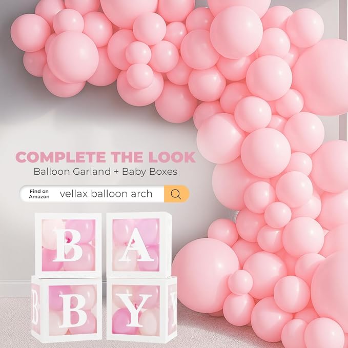 44-Piece Baby Shower Decorations for Boy or Girl - 4 Boxes with Letters and 32 Balloons - Classic White and Pink - Gender Reveal Party Supplies - Photo Shoot Backdrop Prop