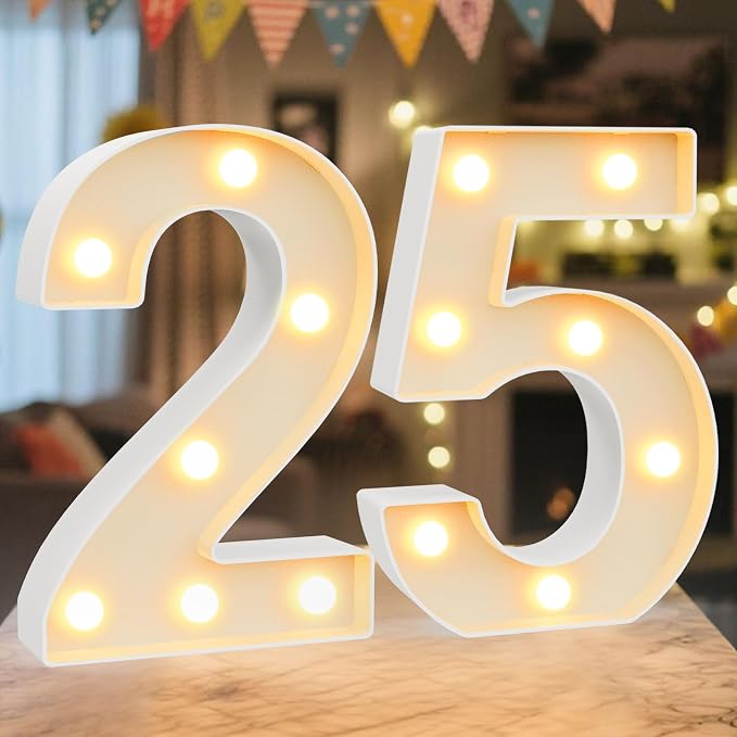 LED Marquee Light Up Numbers Sign - Lighted Birthday Numbers Sign for 25th Birthday Party Decoration, Bar Wall, Home, Table Room, Wedding and Christmas Decorations, Number 25