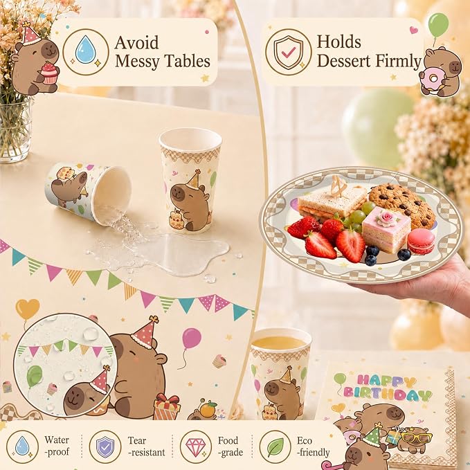 362pcs Capybara Birthday Decorations-Serves 50, All-in-one Capybara Party Decorations with 350gsm Plate, Tablecloth, Backdrop, Centerpiece, Capybara Balloons, Banner, Cake Topper