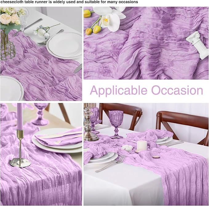 20 Pack Lavender Cheesecloth Table Runner 17x108 Inch Boho Wrinkled Sheer Gauze Cheese Cloth Table Runner Bulk Decor for Wedding, Bridal Shower, Birthday Party