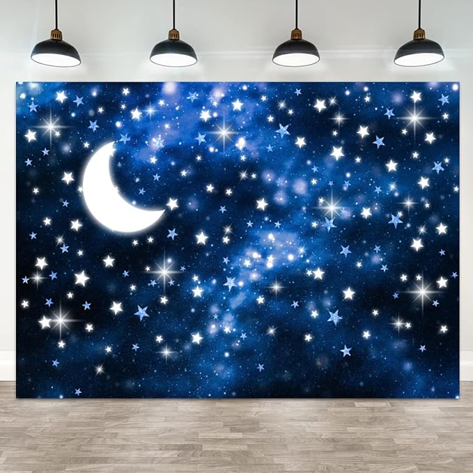 8x4ft Starry Night Backdrop Galaxy Night Sky Photography Background Moon Starlight Twinkle Twinkle Little Star Baby Shower Birthday Decorations Newborn Baby Portrait Photo Booth Prop