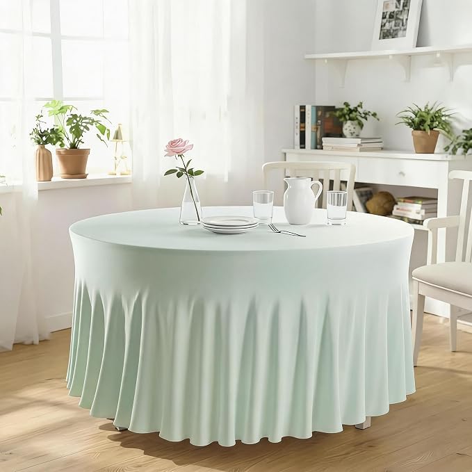 10 Pack Ivory Green Round Spandex Tablecloths for 60in Tables, 120 Inch Stretch Fitted Table Skirts, Wrinkle-Free Washable Polyester Covers for Wedding, Banquet & Party