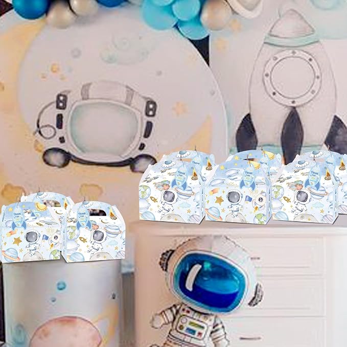 HAPPARTY 24PCS Blue Space Astronaut Party Favor Gift Boxes for Boy With Thank You Tags, First Trip Around the Sun Candy Treat Goodie Bags Boxes for Boy Birthday Baby Shower Decorations