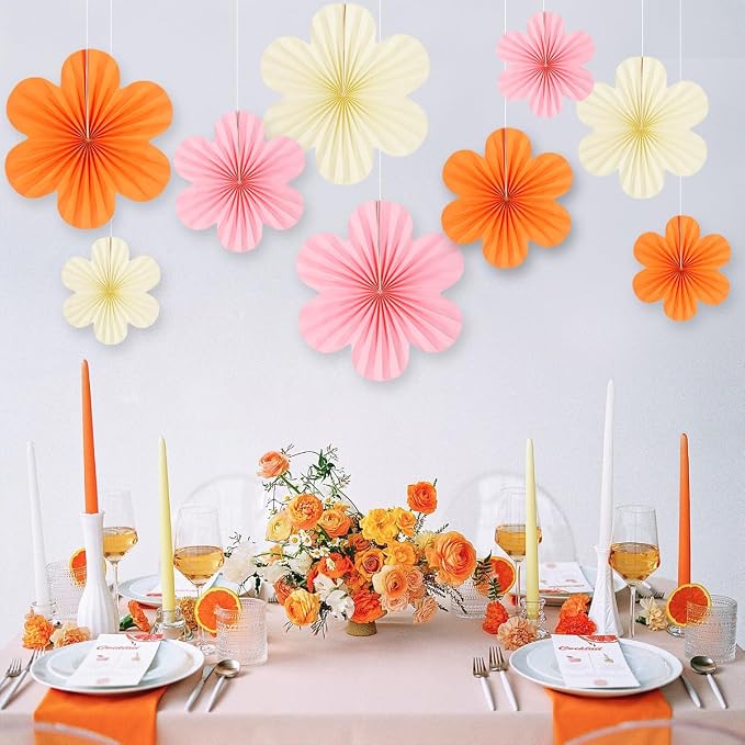 DODOKIM Paper Fans Party Decorations Paper Flowers Decorations for Wall Floral Backdrop Classroom Baby Shower Birthday Party Flower Wall Decor Pack of 9 Pink Orange Ivory