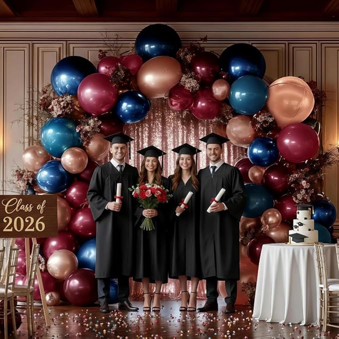 Red Blue Balloon Garland, Double Stuffed Navy Blue Dark Burgundy Balloon Arch Kit Rose Gold Fringe Curtains for Birthday Graduation Mardi Gras Party Decoration