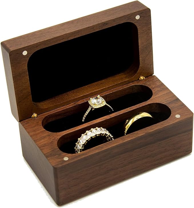 MUUJEE Quad Wooden Ring Box for Wedding Ceremony - Engraved Ring Holder Box for Engagement Proposal Anniversary and Valentines Day Gift for Him or Her (Blank Box)
