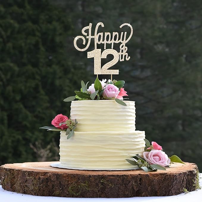 LINGTEER Happy 12th Birthday Gold Rhinestone Cake Topper Cheers to 12th Birthday Twelve Years Old Party Cake Centerpieces Topper Decorations Gift Sign.