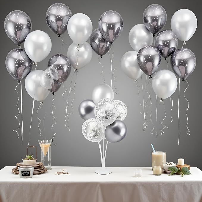 ZJDHPTY 4Set Silver Balloon Stand Table Centerpieces Party Decor | 25th Birthday Decorations 25th Anniversary Wedding Bridal Shower Graduation Graduation Prom New Years Eve Party Supplies