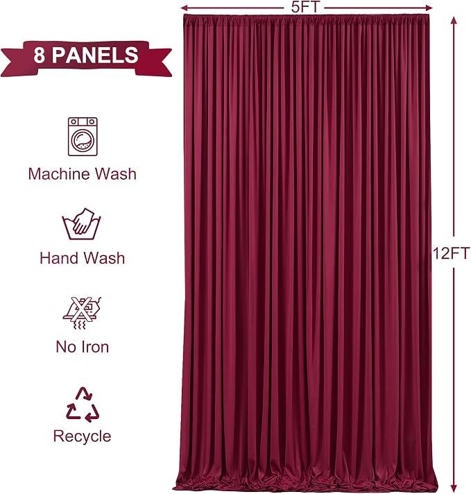 8 Panels Burgundy Backdrop Curtains for Wedding Party Wrinkle Free Backdrops Curtain Drapes Fabric Decorations Maroon Photo Back Drop for Baby Shower Photography Stage Reception 40ft(W) x 12ft(H)