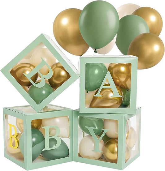 Zhanmai Baby Boxes for Bear Baby Shower Decoration with 4 Letters 36 Balloons 4 Transparent Clear Balloon Box Blocks for Boy Girl Gender Reveal Party Favors (Gold,White,Sage Green)