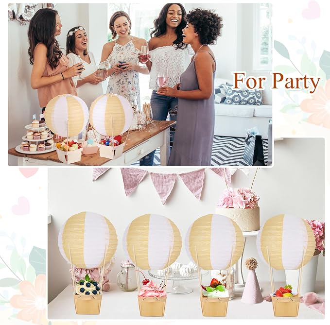Namalu 24 Set Hot Air Balloon Table Centerpieces Baby Shower Party Decoration Paper Lanterns with Wooden Basket Sticks for Summer Birthday School DIY Craft(White Khaki)