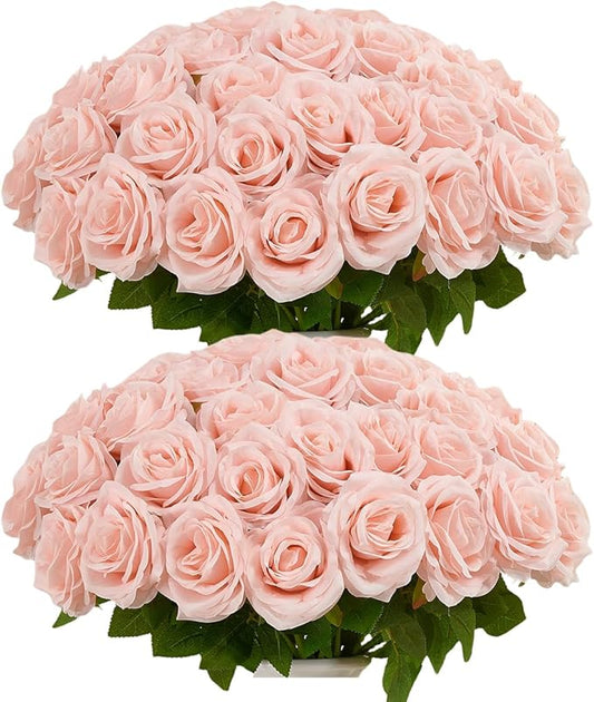50pcs Blush Roses Artificial Flowers Bulk,Fake Roses Silk Flower with Stems Realistic Flowers for Wedding Centerpiece Home Party Decor