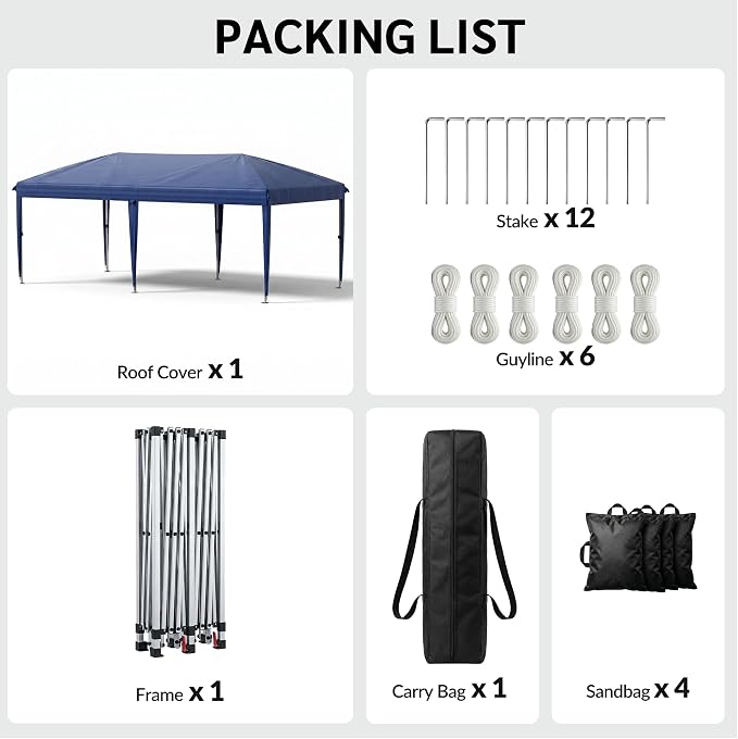 10x20 FT Portable Pop Up Canopy Tent with Sandbags, Adjustable Height Instant Gazebo Without Sidewalls,Waterproof Outdoor Canopy for Camping, Parties, Vendor Events (Blue, 3m × 6m Without sidewalls)