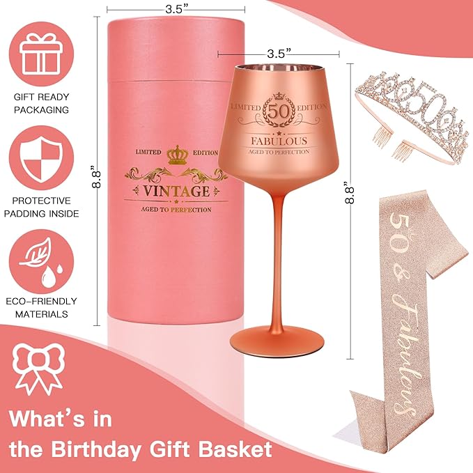 50TH Birthday Gifts for Women,Vintage Engraved 50th Wine Glass,50 Year Old Birthday Decorations For Her,50&Fabulous Sash and Tiara For Women,Friends,Sister-Turning 50th Party Favor Supplies