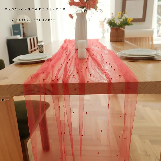 Set of 1 Pearl Table Runner 10ft, 29 * 120 Inch RED Table Cloth Pearl Sheer Tulle Table Cover,Pearl Table Runner for Wedding Party Baby Shower Birthday Home Decor