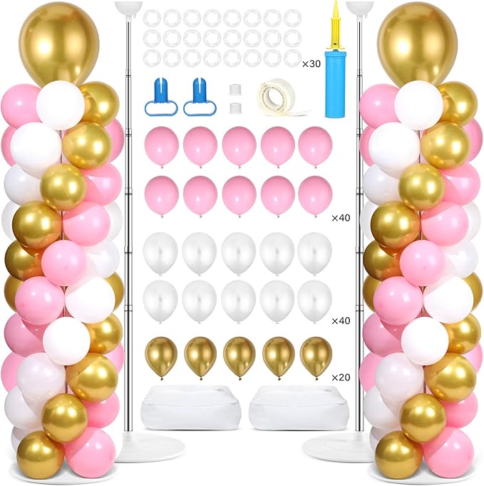 2 Sets Pink White Gold Balloon Column Stand Kit with 100 Balloons Adjustable Balloon Tower Stand with Bases for Floor Column Kit for Wedding Graduation Birthday Appreciation Party Decor