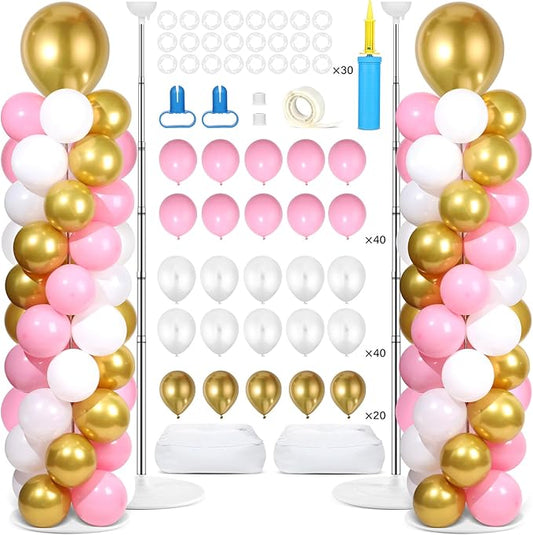 2 Sets Pink White Gold Balloon Column Stand Kit with 100 Balloons Adjustable Balloon Tower Stand with Bases for Floor Column Kit for Wedding Graduation Birthday Appreciation Party Decor