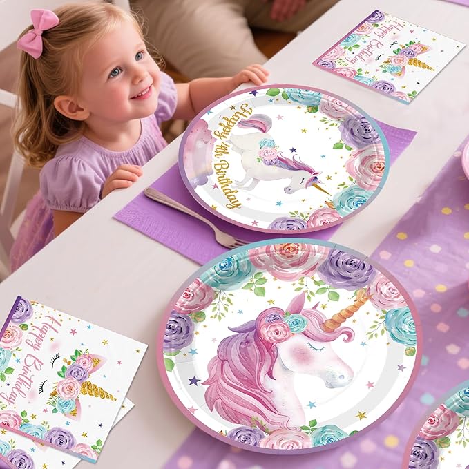 Xynic 190Pcs Unicorn 4th Birthday Decorations, Four Ever Magical Birthday Decorations Tableware Set with Plates and Napkins Serves 25, 2 Tablecloths for Unicorn Decorations