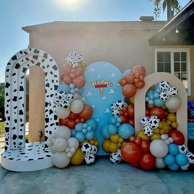Western Balloon Arch Kit, 123pcs Retro Burnt Orange Pastel Blue Mustard Yellow Balloon Garland with Cow Print Cloud Print Balloons for Boy Story Baby Shower First Rodeo Farm Adventure Decorations