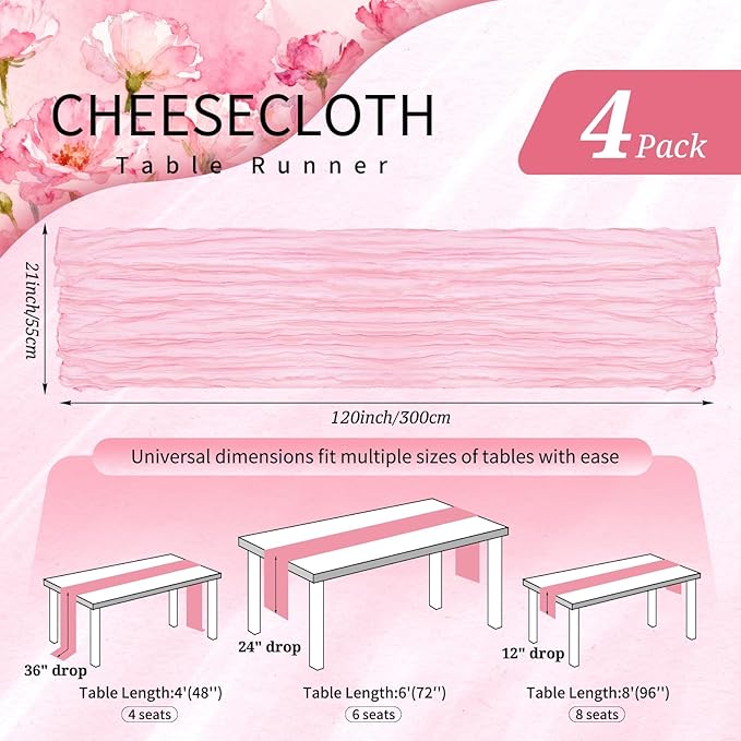4 Pack Cheesecloth Table Runner 10FT Light Pink Table Runner Boho Gauze Cheese Cloth Table Runners Long Rustic Sheer Table Decorations for Wedding Party Baby Bridal Shower Birthday Holiday Home