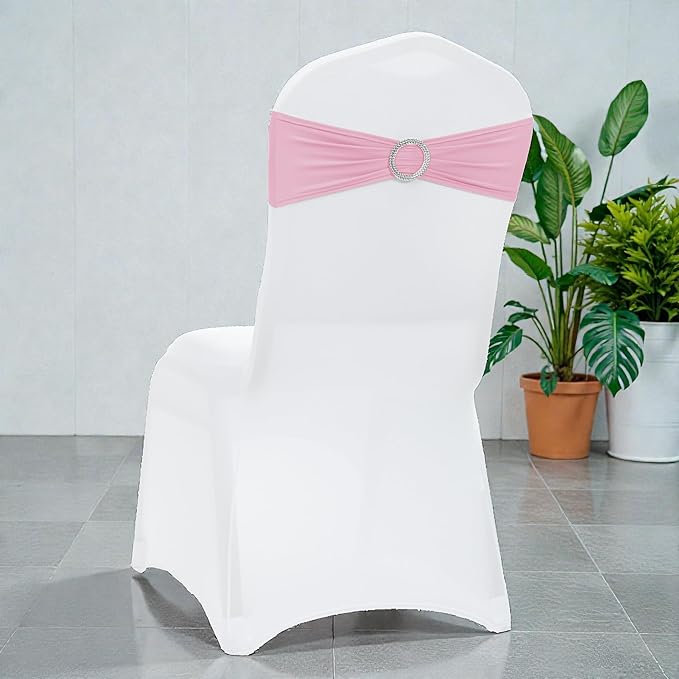 VDS - Pink | Spandex Chair Sashes Bows | 200 PCS | Stretch Elastic Banquet Universal Folding Chair Band Tie with Silver Buckle Slider for Wedding Party Conference Celebration Event Decoration