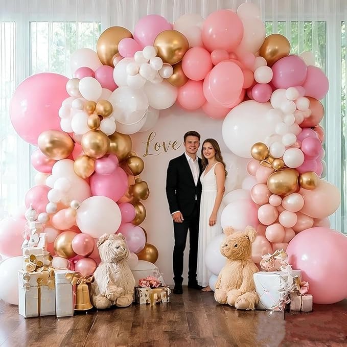 Pink White Gold Balloon Garland, Double Stuffed Pastel Light Pink Cream White Balloon Arch Kit for Baby Shower Birthday Bridal Wedding Mother's Day Party Decorations