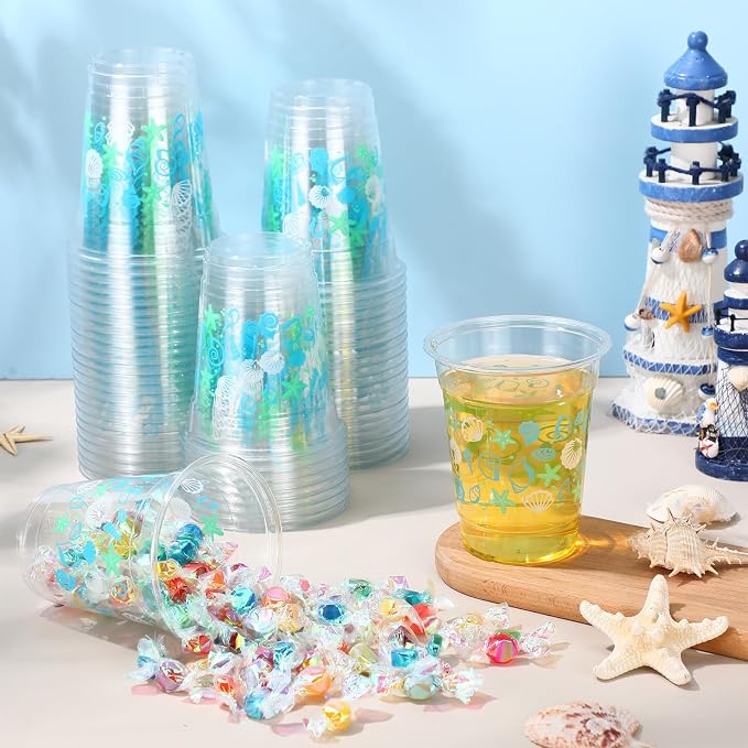 Funnymoom 60 Pack Seashell Beach Plastic Cups 12 oz Summer Beach Starfish Disposable Clear Beverage Drinking Cups for Sea Ocean Pool Birthday Bridal Wedding Baby Shower Party Decoration Supplies
