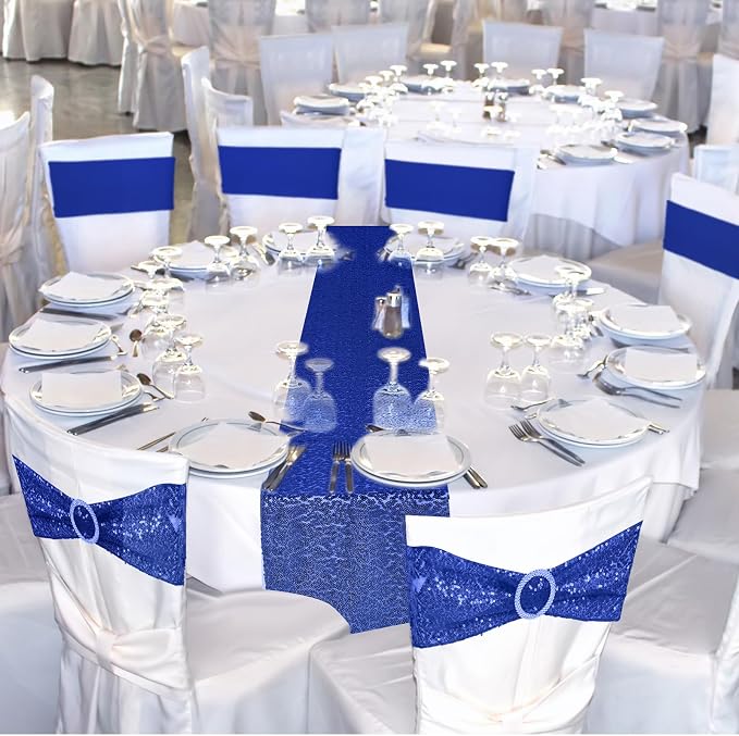 Newwiee 54 Pcs Blue Sequin Chair Sashes and Table Runners, 48 Sequin Chair Bows, 6 Glitter Table Runners for Birthday Party Wedding Banquet Holiday Decorations