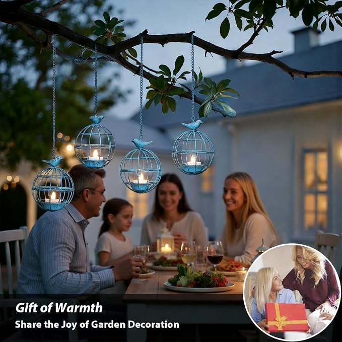 Outdoor Solar Hanging Lantern Lights, 4 Pack Rustic Ball Birdcage Hanging Candle Holder with Solar Tea Lights, Waterproof Chandelier for Tree, Pergola, Patio Decor (Vintage Blue)