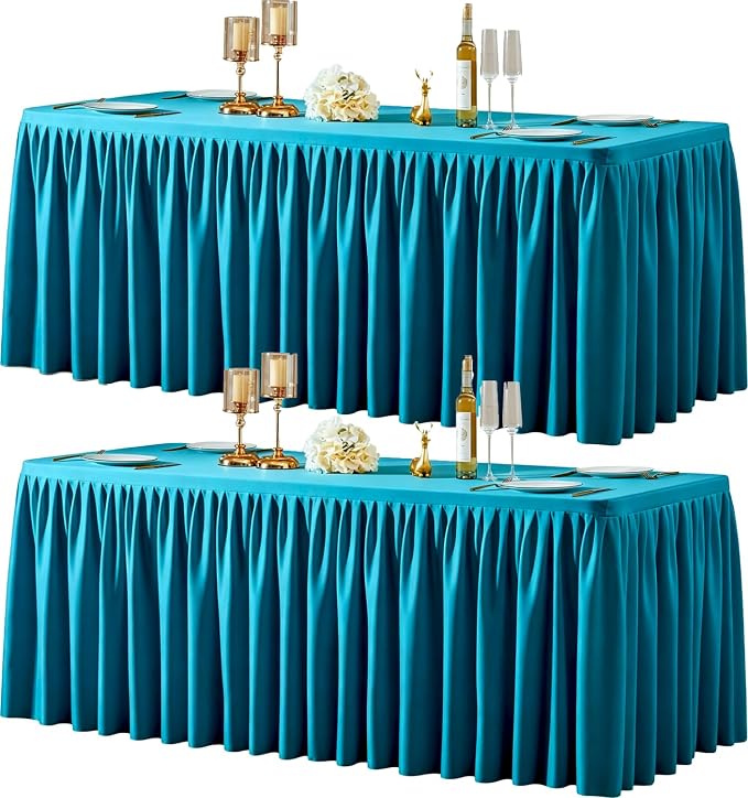2 Packs Turquoise Tableclothes for 4 Foot Rectangle Tables, Wrinkle Free Fitted Table Cloth 4ft Stretch Table Cover with Skirt for Parties Weddings Birthday Banquet Baby Shower