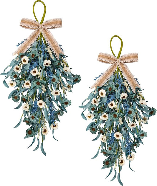 22 Inch Blue Teardrop Swags, 2 Pack - Blue Eucalyptus Door Decor with White Flowers & Lavender, Coastal Farmhouse Hanging Swags for Front Door, Stair Railing, Mantel, Wedding & Party Decor
