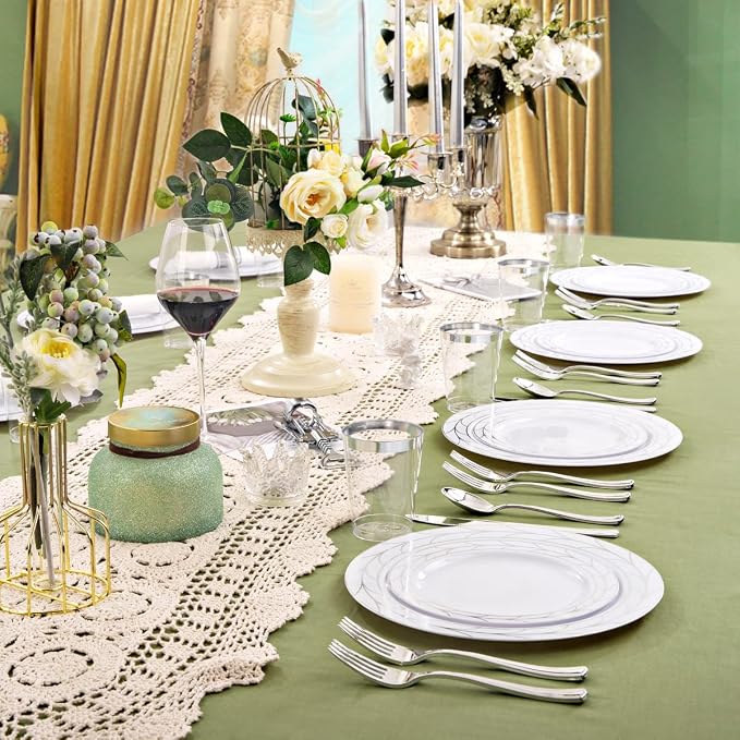 COLOSUS 100pcs Disposable Silver Plastic party plates, Heavy Duty Silver White Plastic Plates set 50 Dinner Plate, 50 Salad Plate for Wedding, Birthday, Party dinner