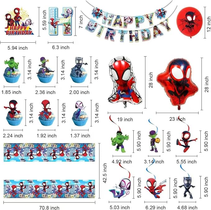 For Cartoon spidey themed birthday party supplies. These decorations include "Happy Birthday" banners, tableware, tablecloths, balloons, large and small skewers, and party-themed decoration sets.