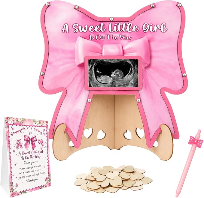 Pink Bow Baby Shower Decorations,A Sweet Baby Girl Is On The Way BabyShower Guest Book Alternatives with Pen,Photo Frame and 60 Heart Wood Slices for 60 Guests