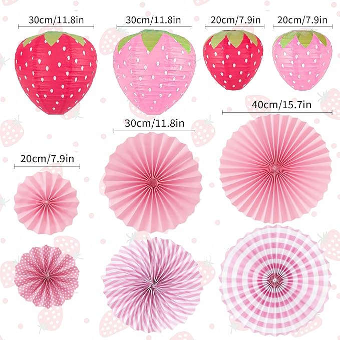 12 Pack Strawberry Paper Lanterns Paper Fan Party Decorations - Hanging Birthday Lantern Decor Fruit Themed Parties Strawberry Decorations Lanterns For Garden,Yard,Lawn,Etc.
