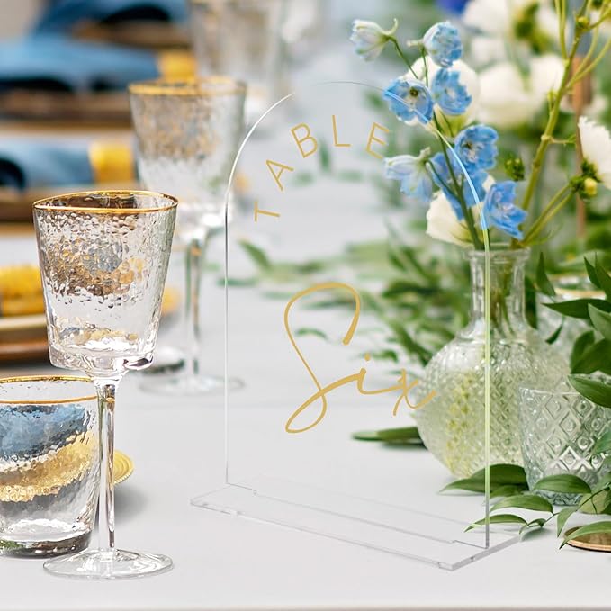 JINMURY Acrylic Arch Table Numbers with Stands, 5x7 Inch Acrylic Arch Sign Table Numbers for Wedding (Clear Gold Font, 5x7 Inch Table Number 1-30)