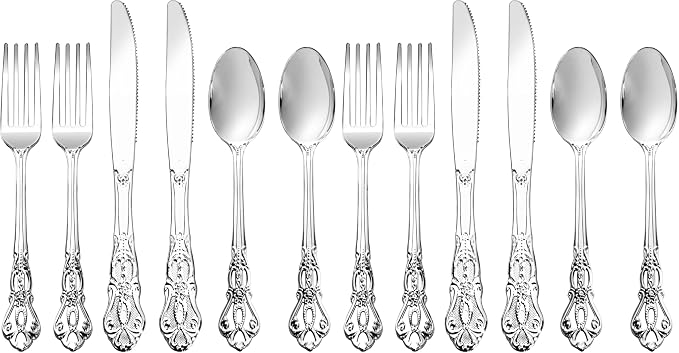 300Pieces Silver Plastic Silverware - Heavy Duty Silver Disposable Utensils - Vintage Plastic Cutlery Set Includes 100 Forks, 100 Spoons, 100 Knives for Dinner Parties Weddings (Pack of 2)