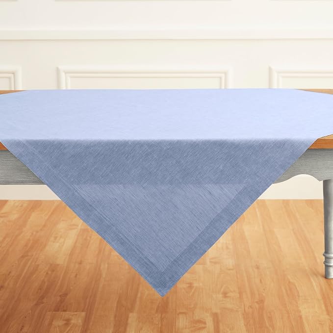 Solino Home Linen Cloth Tablecloth 52 x 52 Inch - 100% Pure Linen Chambray Blue Square Tablecloth - Athena, Machine Washable Table Throw for Summer