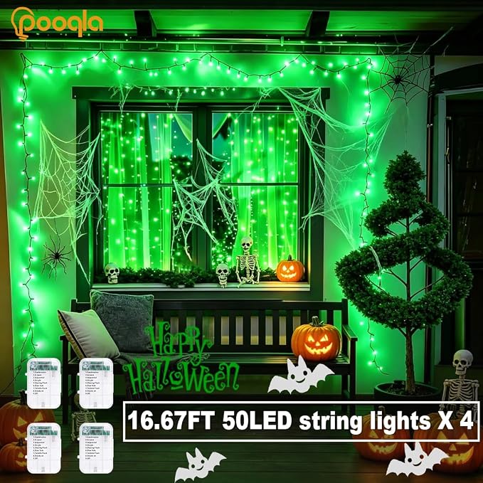 Pooqla 4 Pack String Lights Battery Operated, Total 66.6ft 200 LED Fairy Lights Indoor Outdoor Decorations, 8 Modes Green Battery Christmas Lights for ST Patrick's Day Halloween Porch Party Yard Decor