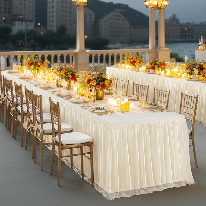 Champagne Tablecloth for 6 Foot Rectangle Tables with Tulle Table Skirt, Party Table Cloths Ruffle Tutu Table Skirt Stretch Fitted Table Covers for Baby Shower Wedding Bridal Shower Birthday Reception
