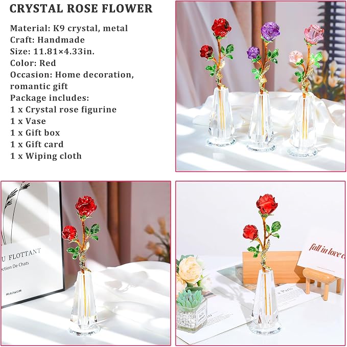 YWHL Handmade Red Rose Flower Crystal Figurine with Vase, Bouquet Glass Flowers Ornament Rose Gifts for Wife Girlfriend Women, Crystal Flower Home Table Decor for Anniversary Wedding