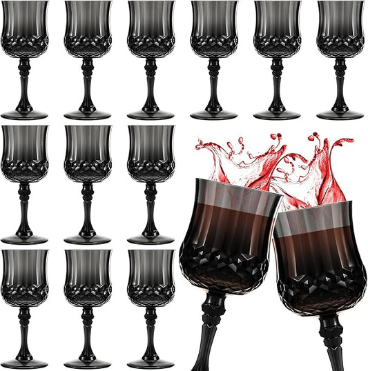 Pinkunn 24 Pcs 7 oz Plastic Vintage Wine Glasses Reusable Colored Goblets Patterned Drinking Water Glasses Cup Dishwasher Safe for Mother's Day Wedding Reception Party Supplies (Black)