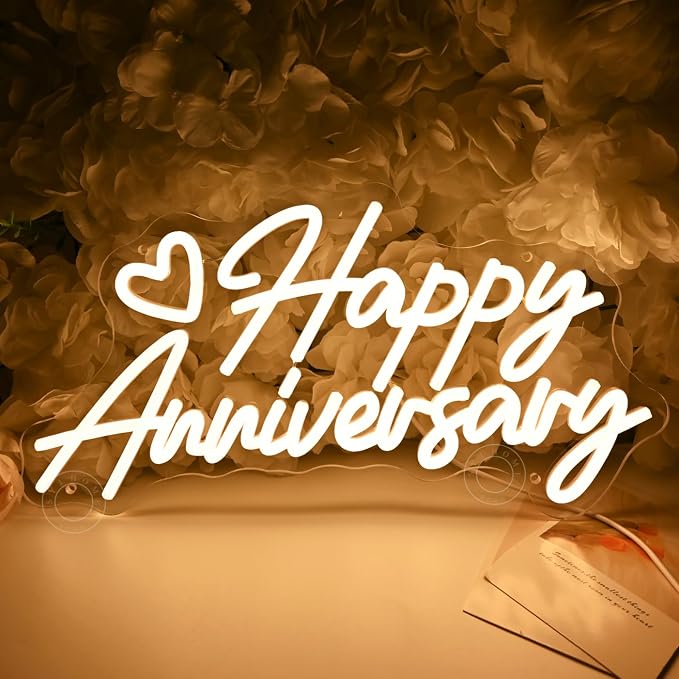 SYLHOME Happy Anniversary Led Neon Light Sign Family Business Celebrate Banner Wall Sign Decor Birthday Wedding Anniversary Valentine's Day Backdrop USB Warm White