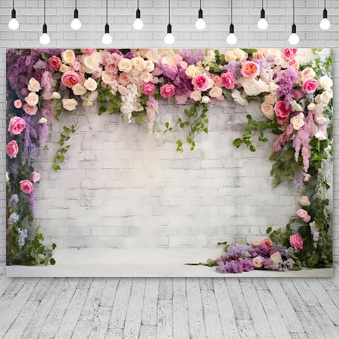 12x6ft Retro White Brick Wall Floral Backdrop Vine Leaves Rose Flowers Photography Background Bridal Shower Wedding Party Birthday Banner Decorations Adults Portrait Photo Booth Prop