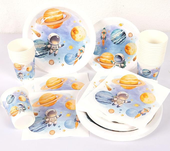 Space Themed Birthday Party Decorations Outer Space Paper Plates Napkins Cups Party Supplies Planets Astronaut First Trip Around The Sun Tableware Set for 25 Guests