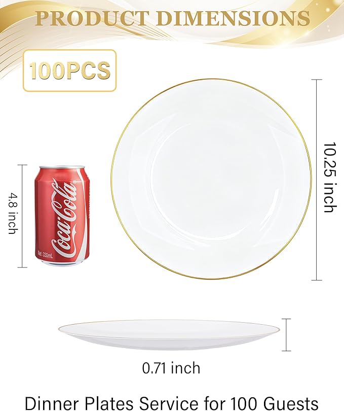 Nervure 100 Pieces Gold Plastic Plates - 10.25 inch Gold Dinner Plates - Heavyweight White and Gold Disposable Plates Ideal for Wedding & Party & Mothers Day