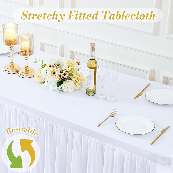 White Table Cloth for 8 Foot Rectangle Tables, White Stretch Fitted Tulle Table Covers Skirt, Rectangular Ruffle Tutu Tablecloth Wedding Banquet Baby Shower Cake Tablecloths Decorations